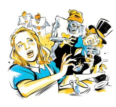 <p>"Приключения в Страната на зомбитата" от QueenofDoomydoom: Алиса, заекът и Лудият шапкар си пият чай, когато ги нападат зомбита.</p>