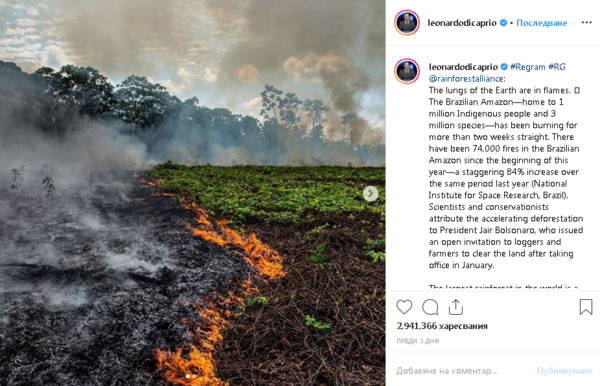 Леонардо ди Каприо дари 5 милиона долара за борба с пожарите в Амазония