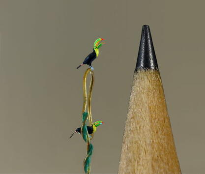 Артист изработва миниатюрни фигурки на птици под микроскоп