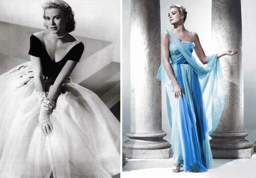 Още преди да стане принцеса в истинския живот, Грейс Кели е носела във филмите си одежди, достойни за кралски особи. Роклята отляво участва в "Задният прозорец" на Хичкок и е истинска класика в историята на модата. Ефирното синьо изкушение можете да гледате в "Да хванеш крадец".
